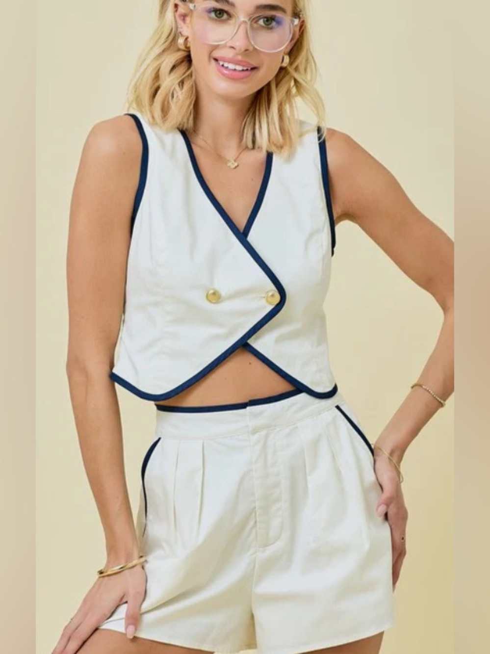 Two-Piece Set-Ivory and Navy Blue Sleeveless Vest & Shorts: Size Medium